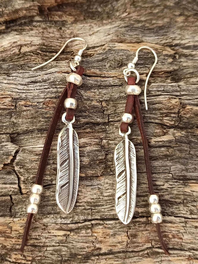 Casual Vintage Feather Leather Earrings Western Style Women Jewelry