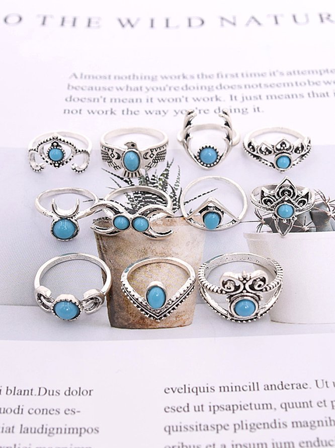 11Pcs Ethnic Silver Turquoise Vintage Ring Set Vacation Beach Women Jewelry