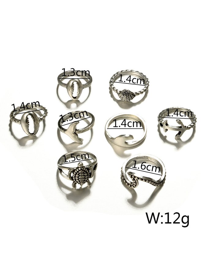 8Pcs Casual Silver Turtle Anchor Shell Pattern Ring Set Holiday Daily Women Jewelry