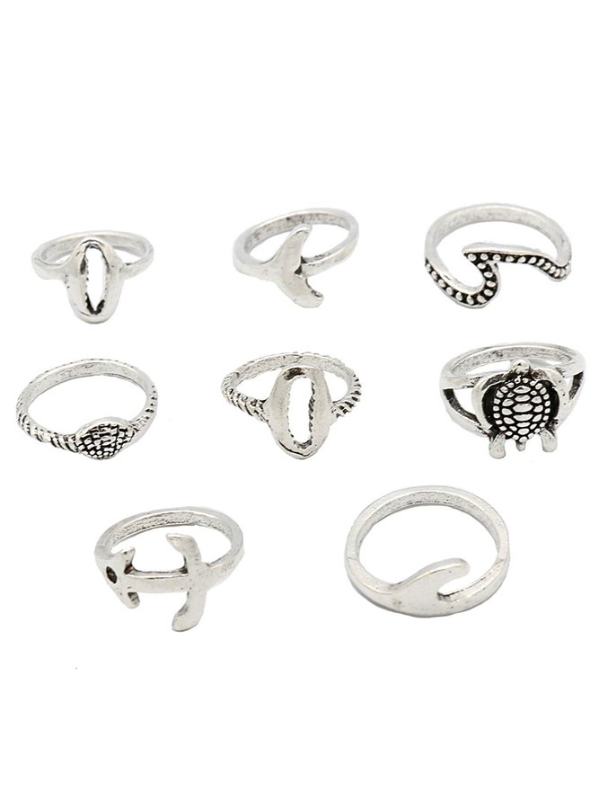 8Pcs Casual Silver Turtle Anchor Shell Pattern Ring Set Holiday Daily Women Jewelry