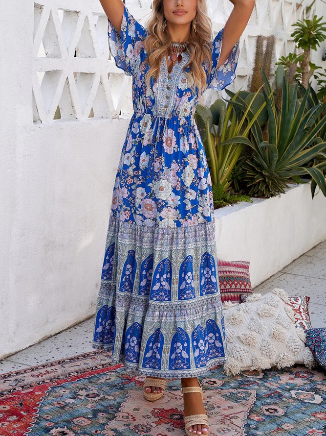 Vacation  Loose Blue Floral Print Buttoned V Neck Drawstring High Waist Maxi Dress