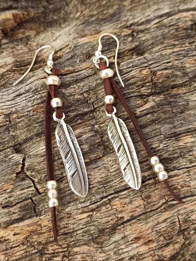 Casual Vintage Feather Leather Earrings Western Style Women Jewelry