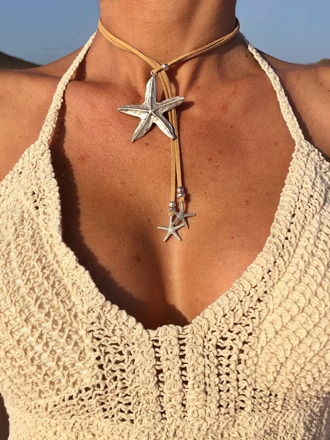 Casual Starfish Pattern Leather Necklace Choker Beach Vacation Western Jewelry