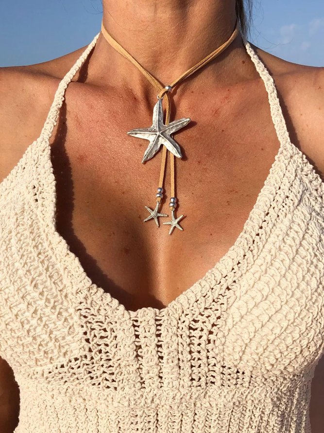 Casual Starfish Pattern Leather Necklace Choker Beach Vacation Western Jewelry