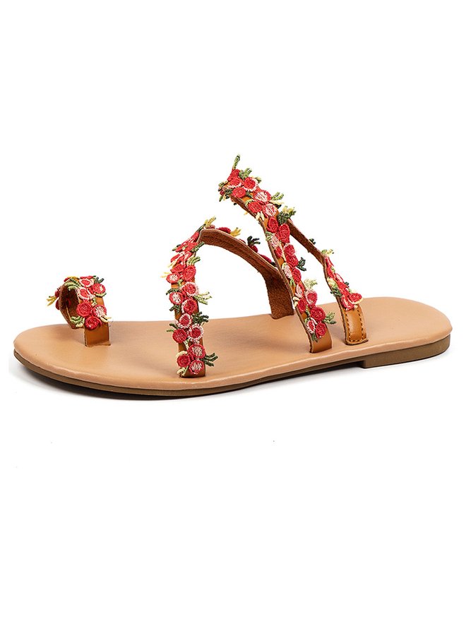 Red Floral Embroidery Toe Ring Beach Sandals