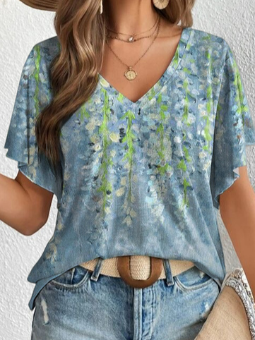 V Neck Casual Floral Knitted T-Shirt
