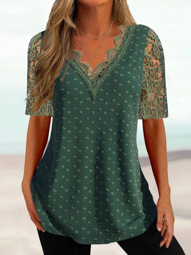 Lace Casual V Neck Loose Shirt