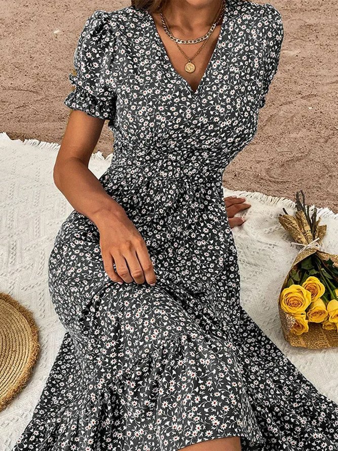 Women Summer Elegant Floral Pattern Polyester Micro-Elasticity Midi Short Sleeve X-Line No Dresses-image-16224564
