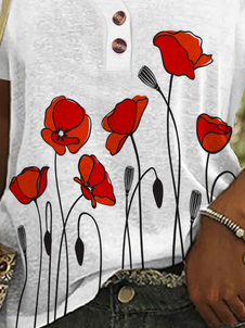 V Neck Casual Floral Memorial Day Loose  T-Shirt