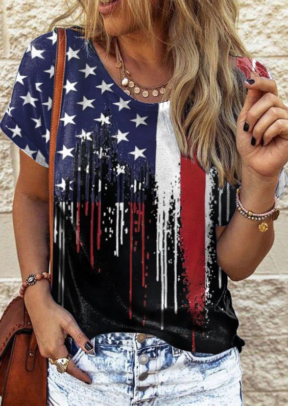 America Flag Crew Neck Casual Loose T-Shirt