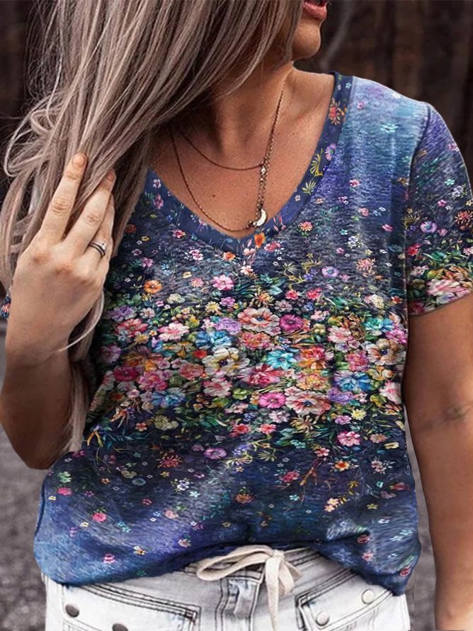Plus Size Floral V Neck Floral-Print Casual T-shirt