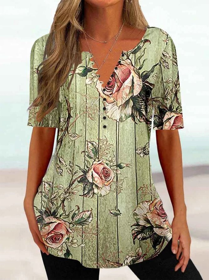 Women's Half Sleeve Notched Floral Printed Tops