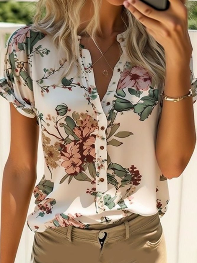 Women's Floral Short Sleeve Shirt Simple Summer T-Shirts White Pink Blue Red