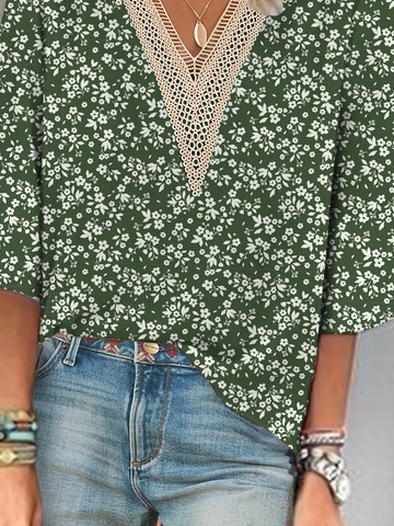 V neck Lace Casual Floral Loose Shirt