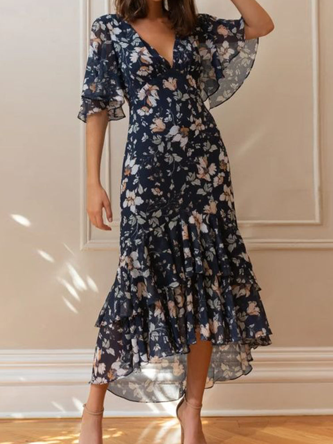 Women Summer Elegant Floral Pattern V neck Micro-Elasticity Party Regular Fit Midi H-Line Dresses-image-16224568