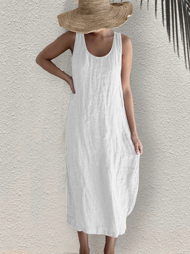 Women's Midi Dress Cotton And Linen Dress Casual Loose Dress