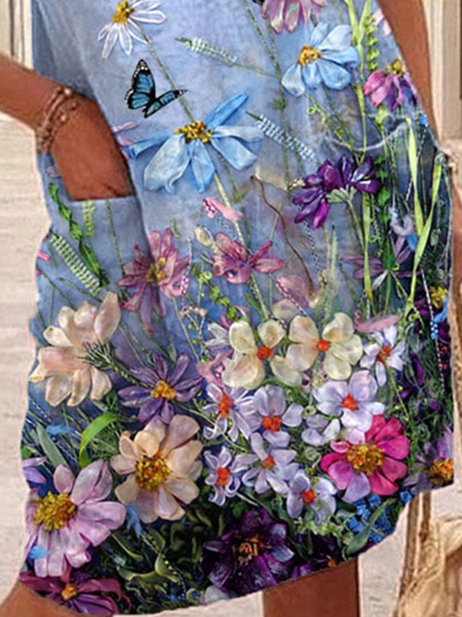 Women's Midi Dress Floral Casual Crew Neck Dress