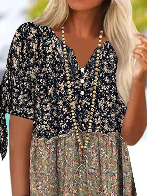 Casual Ethnic Notched Loose Floral Shirt