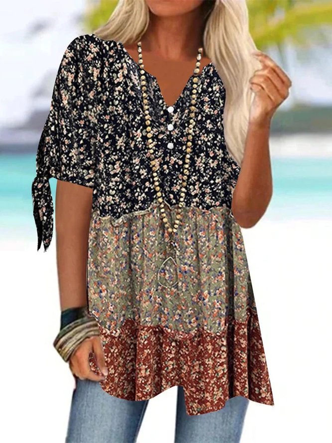 Casual Ethnic Notched Loose Floral Shirt