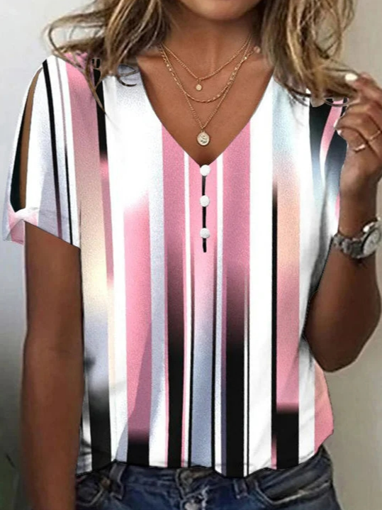 Women Casual Summer Abstract graphic V neck Vacation Loose Regular H-Line NL Shirts-image-16216846