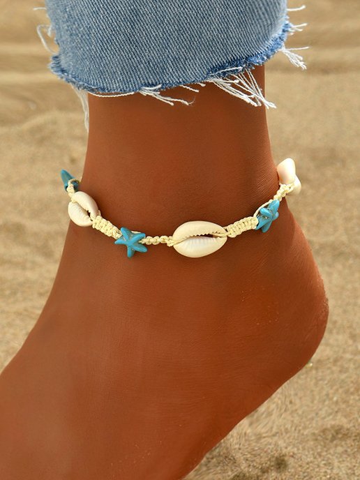 Vacation Turquoise Sea Turtle Star Pattern Seashell Braided Anklet Women's Jewelry