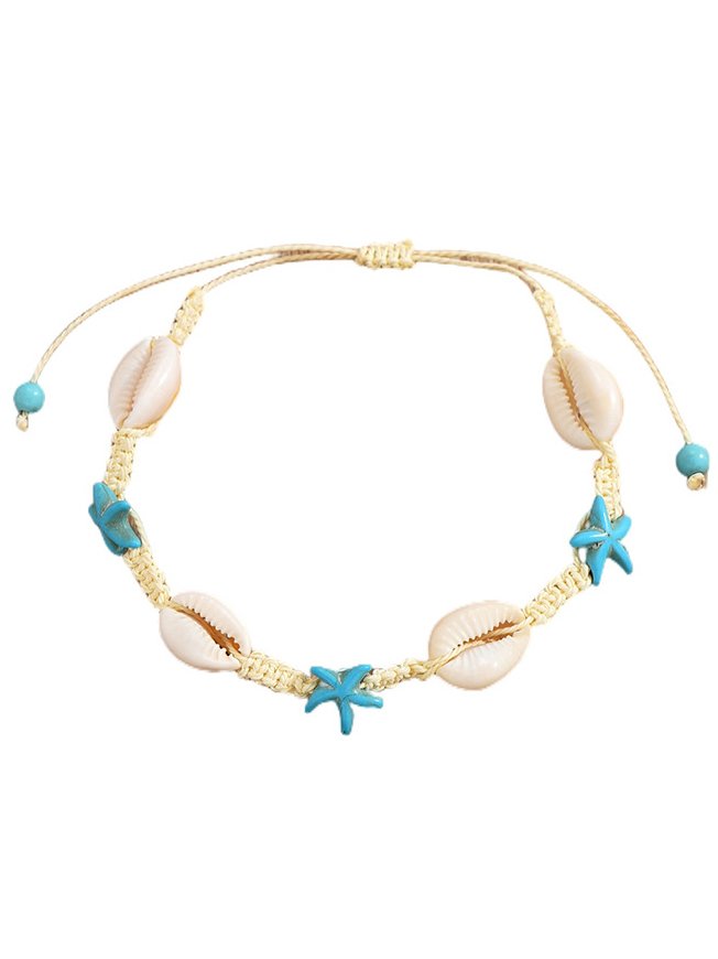 Vacation Turquoise Sea Turtle Star Pattern Seashell Braided Anklet Women's Jewelry