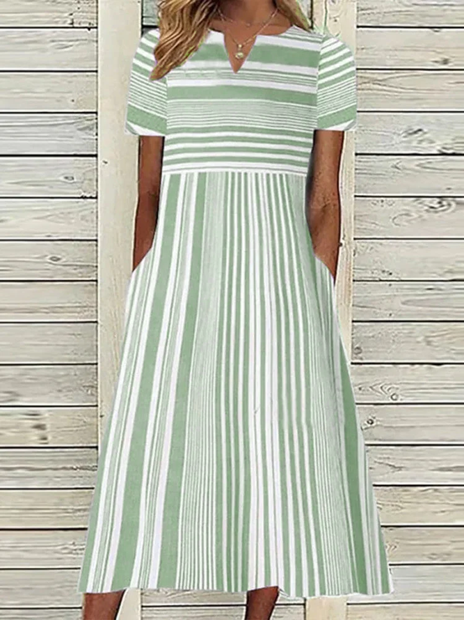 Women Short Sleeve Maxi Dress V-neck Striped Dress