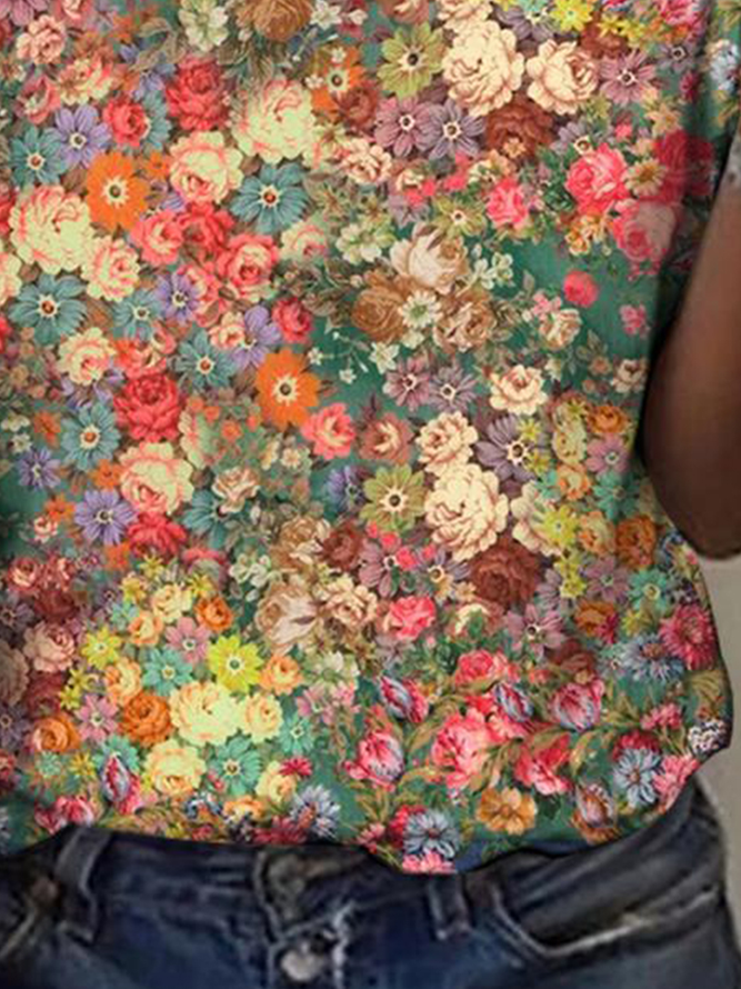 Casual Floral Loose Notched T-Shirt