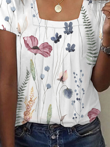 Women's Floral T-Shirt Casual Loose Tops White Blue Yellow 