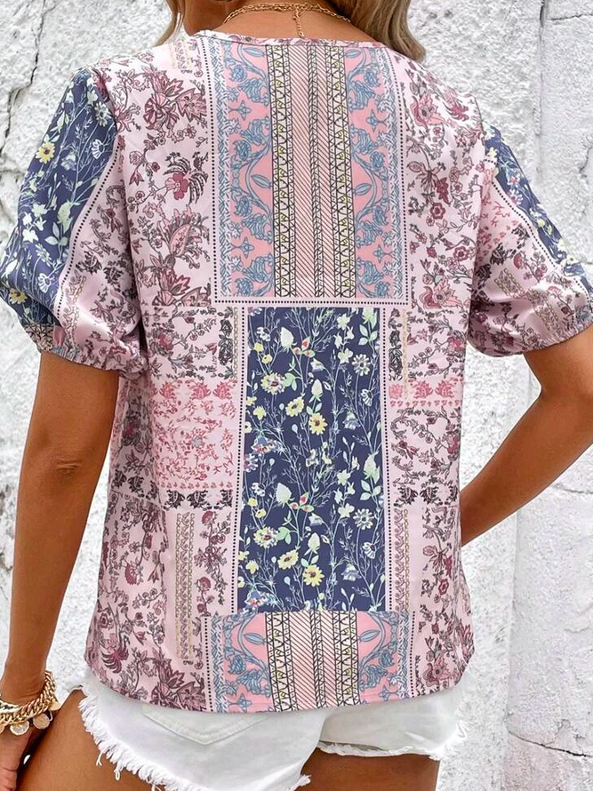Ethnic Vacation Loose V Neck Patched Work Print Puff Sleeve Shirt