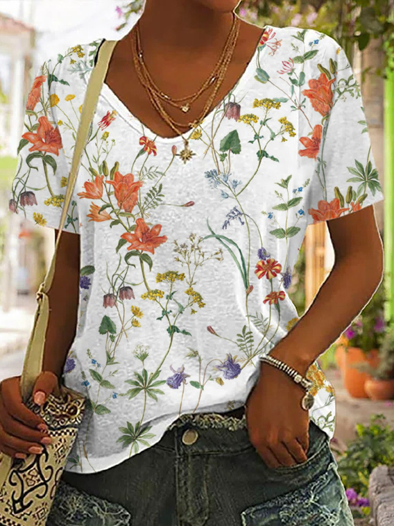 Casual V Neck Floral Loose T-Shirt