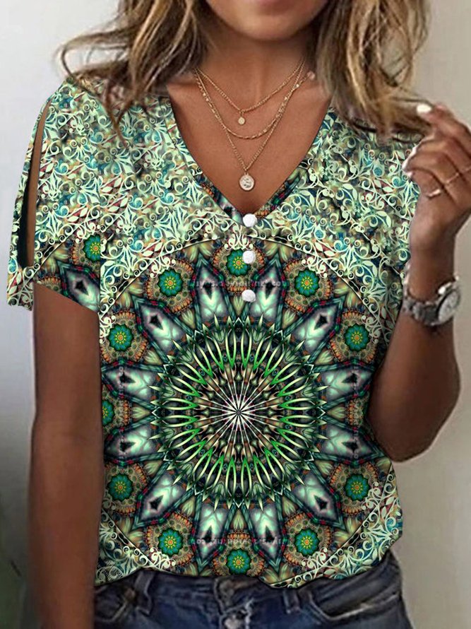 Women's Casual T-Shirt V Neck Loose Ethnic Summer Top Green