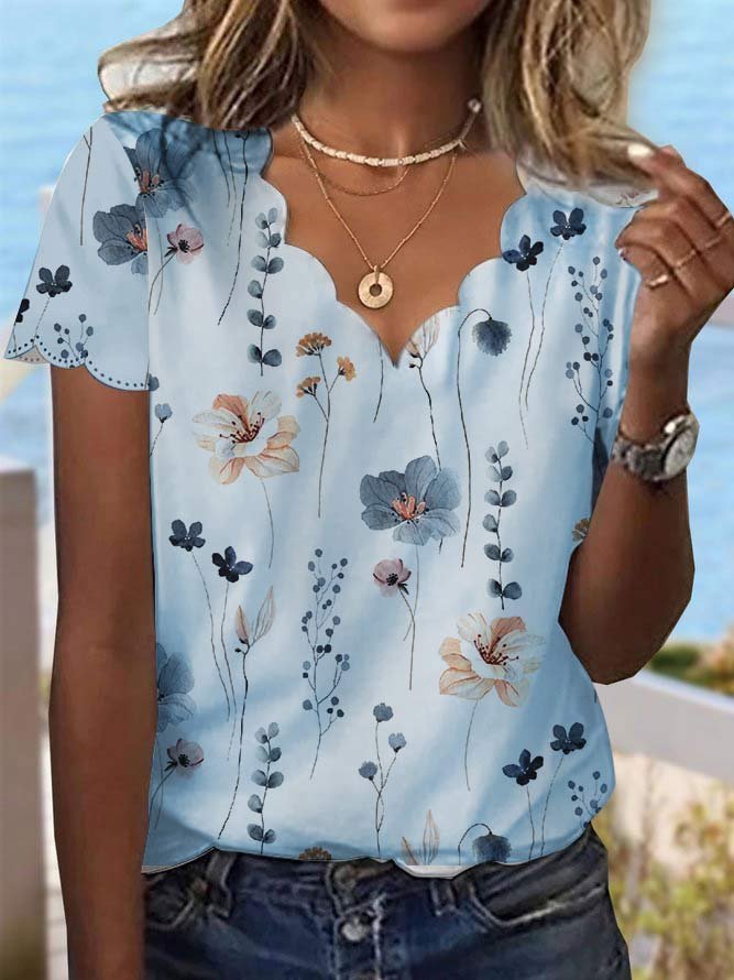 Women's Floral T-shirt Summer Dessert Shell Neck Floral Design Summer Tops White Blue Pink Light Gray Yellow Green Khaki