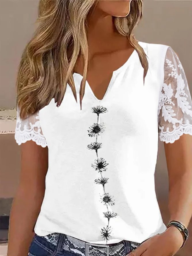 Casual Floral Jersey Notched Patchwork lace Blouses