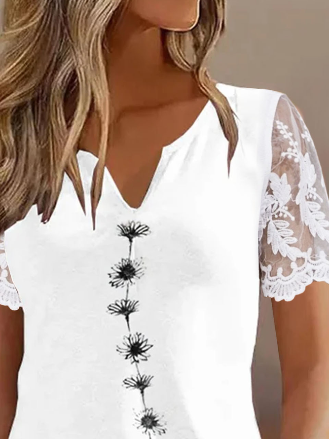 Casual Floral Jersey Notched Patchwork lace Blouses
