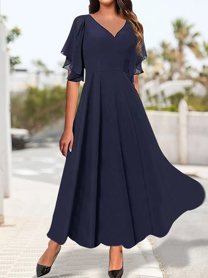 Women Plain Summer Elegant V neck Ruffled Sleeves Natural Party Maxi Half Sleeve Dresses-image-16224567