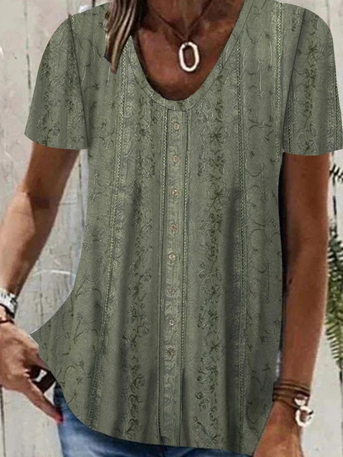 Women's Ethnic T-shirt Scoop Neck Casual Short sleeve Shirt Green