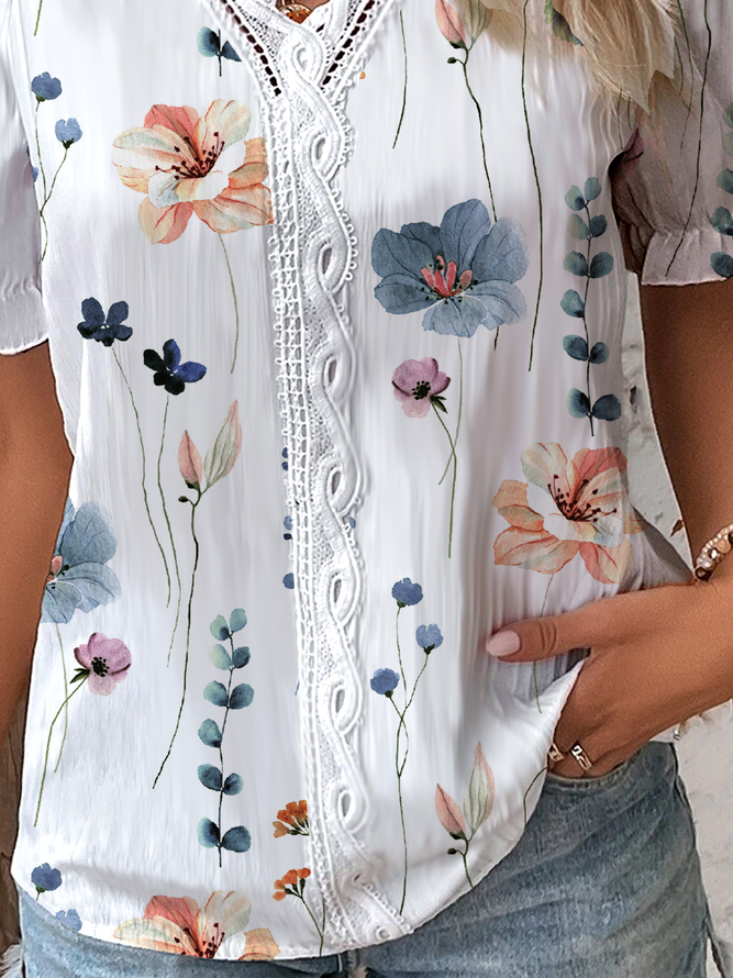 V Neck Casual Floral Lace Shirt