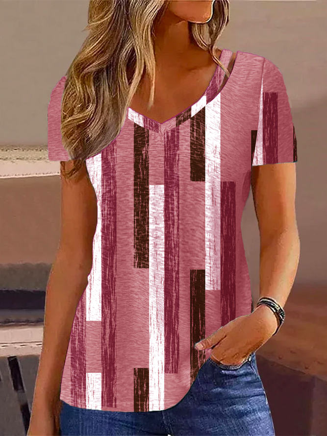 V Neck Casual Striped T-Shirt for Women