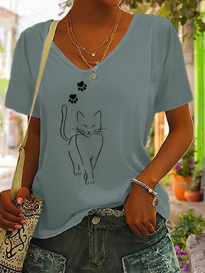Casual V Neck Cotton Cat T-Shirt