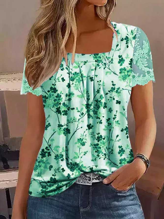 Casual Lace Square Neck Floral Shirt