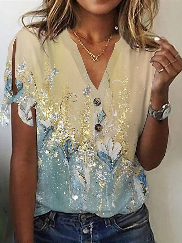 Women Casual Floral Summer No Elasticity Daily Loose Regular H-Line Regular Shirts-image-16224553