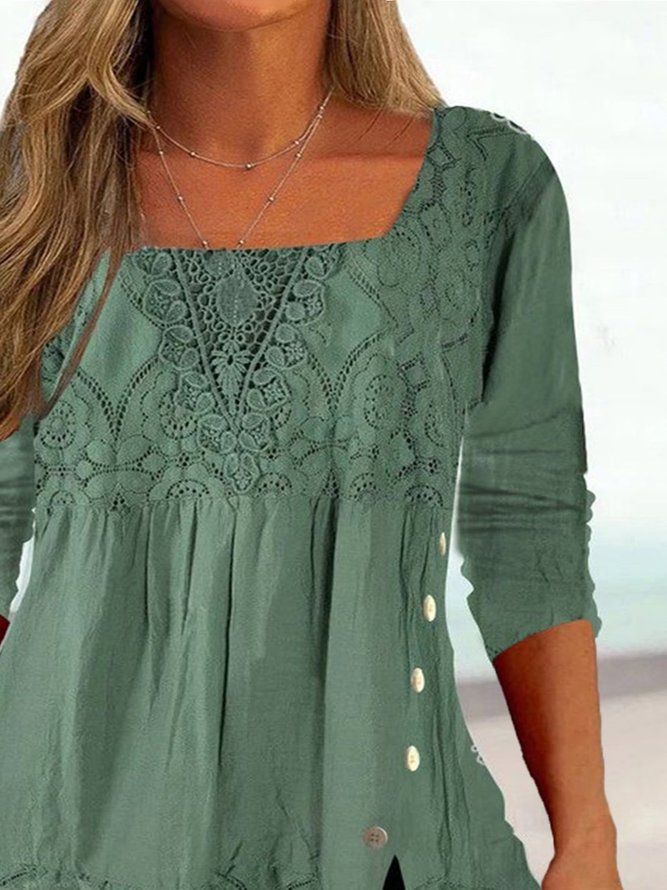 Casual Lace Square Neck Long Sleeve Loose Shirt