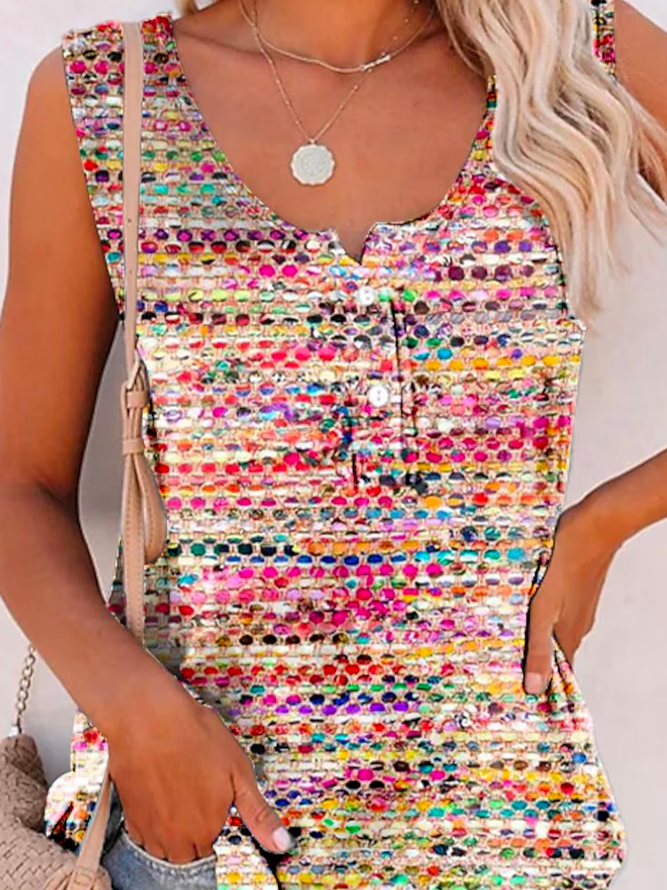 Buttoned Geometric Casual Crew Neck Tank Top