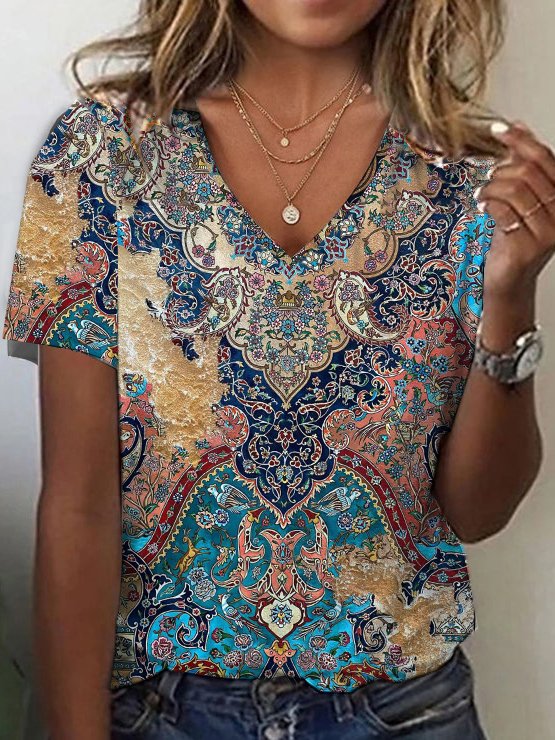 V Neck Loose Ethnic Casual T-Shirt