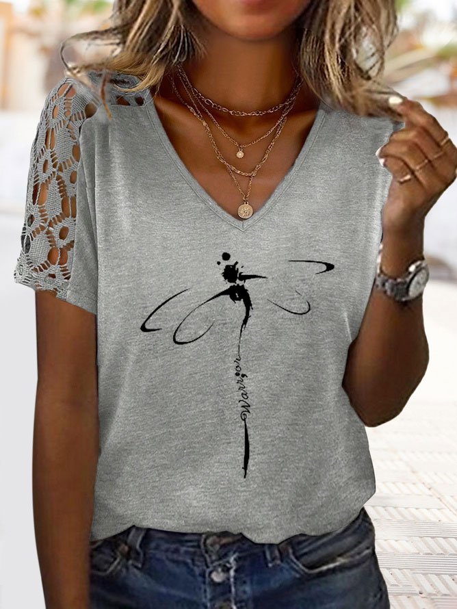 Casual Loose V Neck Lace T-Shirt