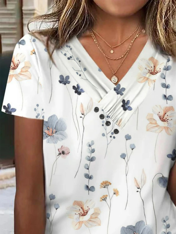 Floral Casual Cross Neck T-Shirt