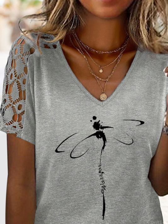 Casual Loose V Neck Lace T-Shirt