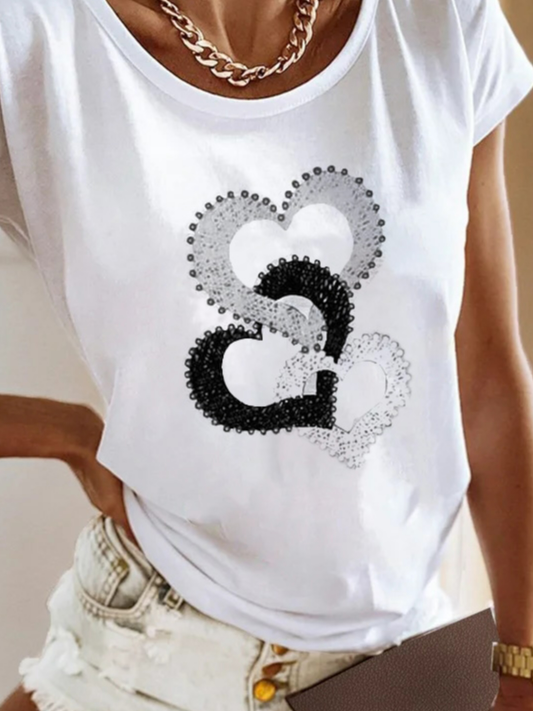 Heart/Cordate Loose Crew Neck Casual T-Shirt