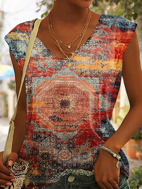 V Neck Casual Loose Ethnic Tank Top